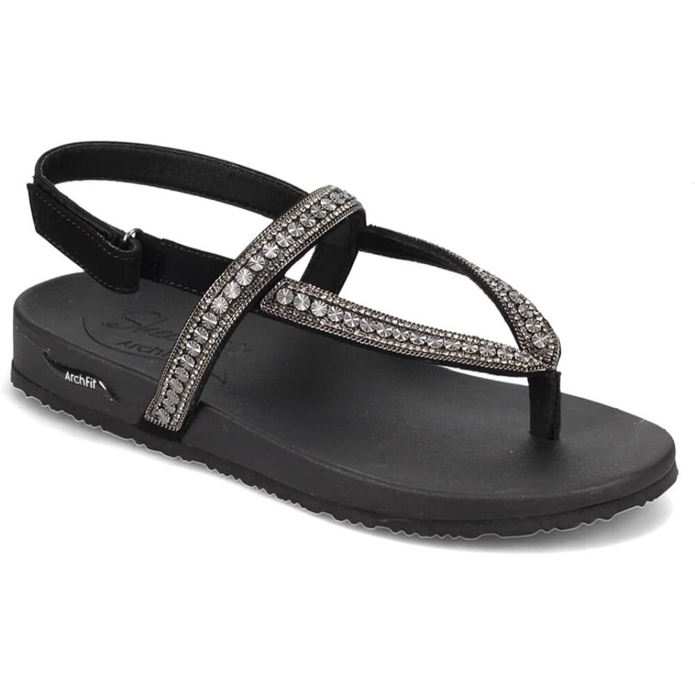 Skechers Arch Fit Black Vegan Strappy Sandals Embellishment Accents‎ NEW. NWT